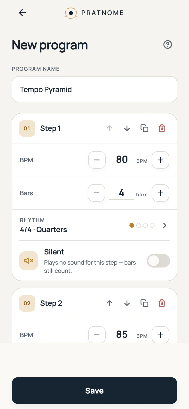 The program editor on a phone: the steps of the Tempo Pyramid template, each with its own tempo and number of bars