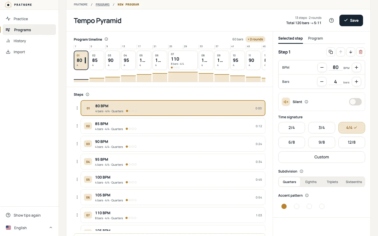 The program editor with the Tempo Pyramid template open: the program name, 13 steps and the total time in the header; the program lane with a bar ruler and the step list on the left; the selected step's tempo, bars and rhythm on the right.