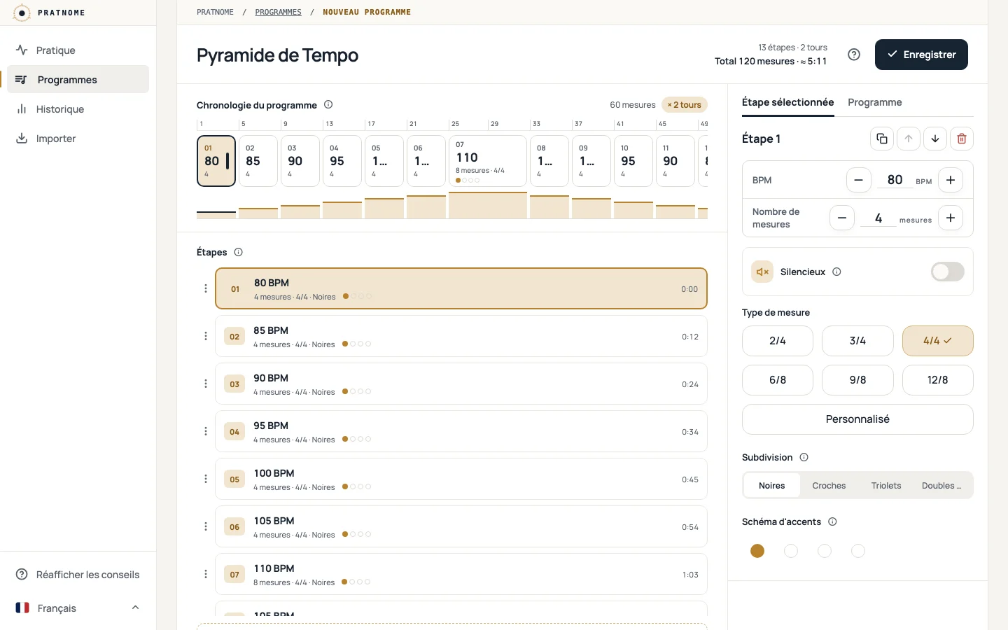 L'éditeur de programme avec le modèle Pyramide de Tempo ouvert : le nom du programme, 13 étapes et la durée totale dans l'en-tête ; la piste du programme avec une règle de mesures et la liste des étapes à gauche ; le tempo, les mesures et le rythme de l'étape sélectionnée à droite.